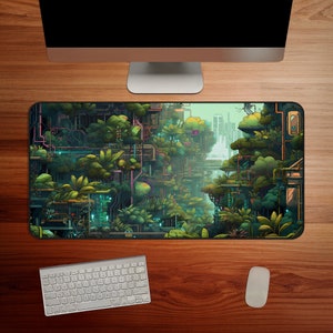 Könnte beinhalten: Ein grüner und blauer Digitaldruck eines futuristischen, von Pflanzen überwucherten Stadtbildes. Der Druck zeigt ein detailliertes Design mit filigranen Details und einer lebendigen Farbpalette.