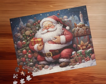May include: A Christmas-themed jigsaw puzzle featuring Santa Claus holding a gift. The puzzle shows Santa in his red suit with a white beard, surrounded by presents and a decorated Christmas tree. Some puzzle pieces are separate.