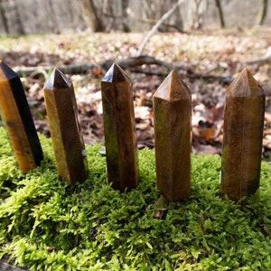 May include: Five brown and gold tiger's eye crystal points are arranged in a row on a bed of green moss. The points are all roughly the same size and shape, and they have a smooth, polished finish.
