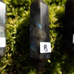 Op de afbeelding: Een donkergrijze labradorit-kristalpunt met blauwe, iriserende flitsen. Het kristal is gemarkeerd met de letter "B".