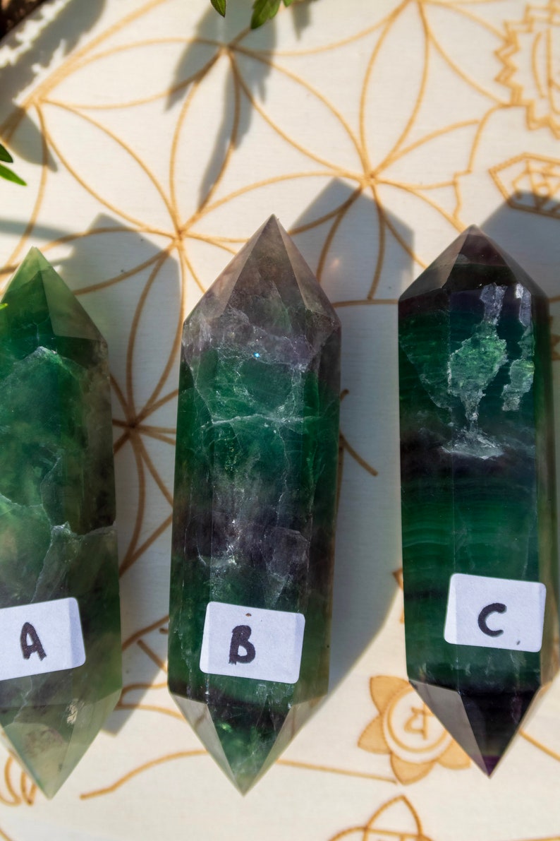 May include: Three green fluorite crystal points with labels A, B, and C. The crystals are on a white background with a geometric pattern.