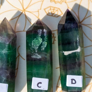 May include: Three green and purple fluorite crystal points with labels "C", "D", and a blank label. The crystals are arranged in a row on a white surface with a brown pattern.