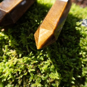 May include: Two golden brown tiger's eye crystal points on a bed of green moss.