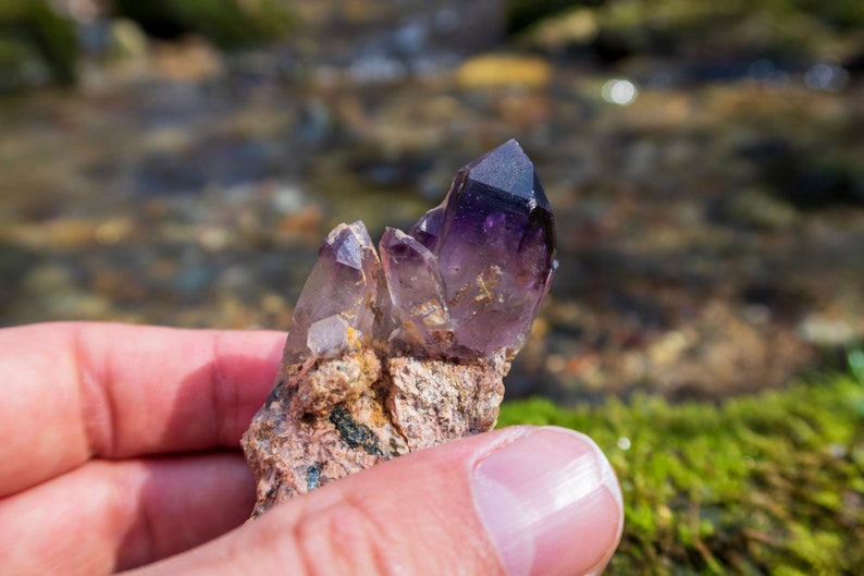 May include: A cluster of amethyst crystals with a purple hue, set in a rough, brown rock matrix. The crystals are pointed and have a translucent appearance.