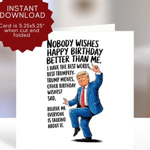 Trump-verjaardagskaart afdrukbaar, grappig dansende troef, republikeinse kaart voor Trump-supporters, politieke humor verjaardagsgroet, MAGA-kaart.