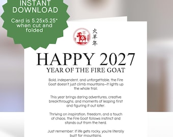 Funny Lunar New Year Fire Goat Card Printable – 2027 Chinese Greeting Downloadable (PDF, JPEG) - Asian Horoscope Humor