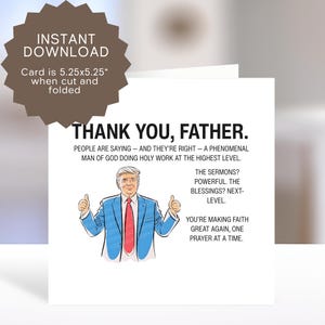 Divertente biglietto di ringraziamento stampabile per un sacerdote - Saluto di apprezzamento per il padre cattolico Trump (modelli PDF JPEG)
