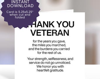 Thank You Military Veteran Card, Appreciation Greeting (Digital Download), Veterans Day Gift, Honor And Service Message