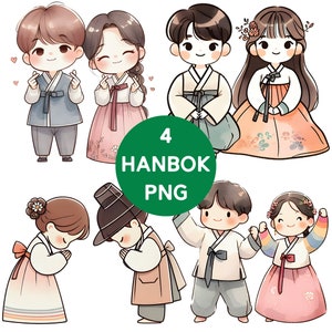 Koreaanse Hanbok-clipart: aquarel mode png-bundel (digitale download)