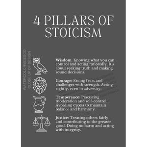 May include: A black and white graphic illustration of the four pillars of Stoicism: Wisdom, Courage, Temperance, and Justice. Each pillar is represented by a simple icon: an owl, a lion, a pitcher, and a scale.