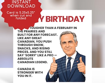 Canadian Birthday Printable Card Mark Carney Illustration - Canada Politics Card Instant Download
