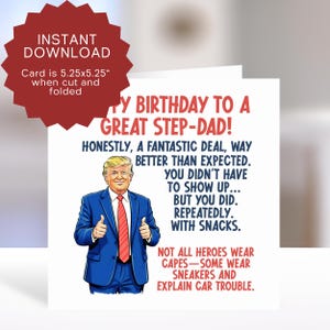 Gelukkige verjaardag stiefvader kaart afdrukbaar, grappige Trump stiefvader kaart, bonus papa kaart, opgevoerd papa cadeau, kaart voor Republikeinse stiefvader