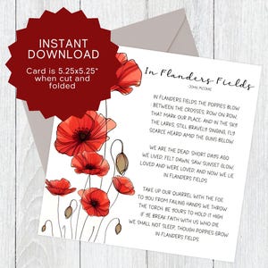 Carte du jour du Souvenir imprimable, poème In Flanders Fields par John McCrae téléchargeable, carte du souvenir coquelicot rouge, carte de coquelicots aquarelle