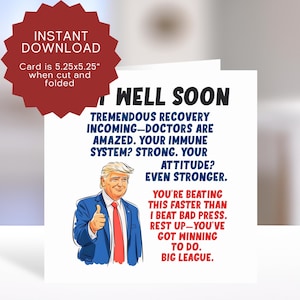 Cartão engraçado de melhoras para imprimir, Cartão hilário de melhoras, Cartão de recuperação rápida, Saudação de Donald Trump, Doença de amante da política