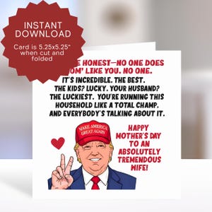Trump Muttertagskarte für Frau zum Ausdrucken, Republikanische Frau Muttertag, MAGA Ehepartner Karte, Lustige Politische Muttertagskarte für Partner.