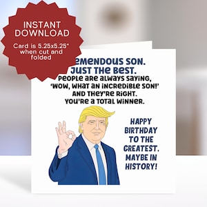 Tarjeta de cumpleaños divertida para hijo adulto imprimible, tarjeta de cumpleaños del hijo republicano Donald Trump, tarjeta de cumpleaños del mejor hijo, regalo MAGA para hijo, tarjeta divertida para hijo.
