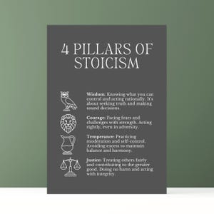 May include: A black and white illustration of four pillars of Stoicism: Wisdom, Courage, Temperance, and Justice. Each pillar is represented by a simple icon.