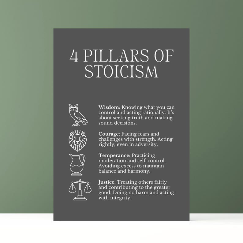 May include: A black and white illustration of four pillars of Stoicism: Wisdom, Courage, Temperance, and Justice. Each pillar is represented by a simple icon.