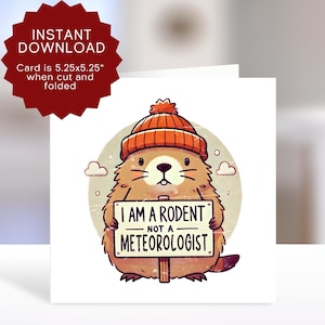 Tarjeta imprimible del Día de la Marmota, Tarjeta divertida de la Marmota, Soy un roedor, no un meteorólogo, Saludo de Punxsutawney Phil, Linda tarjeta de marmota.