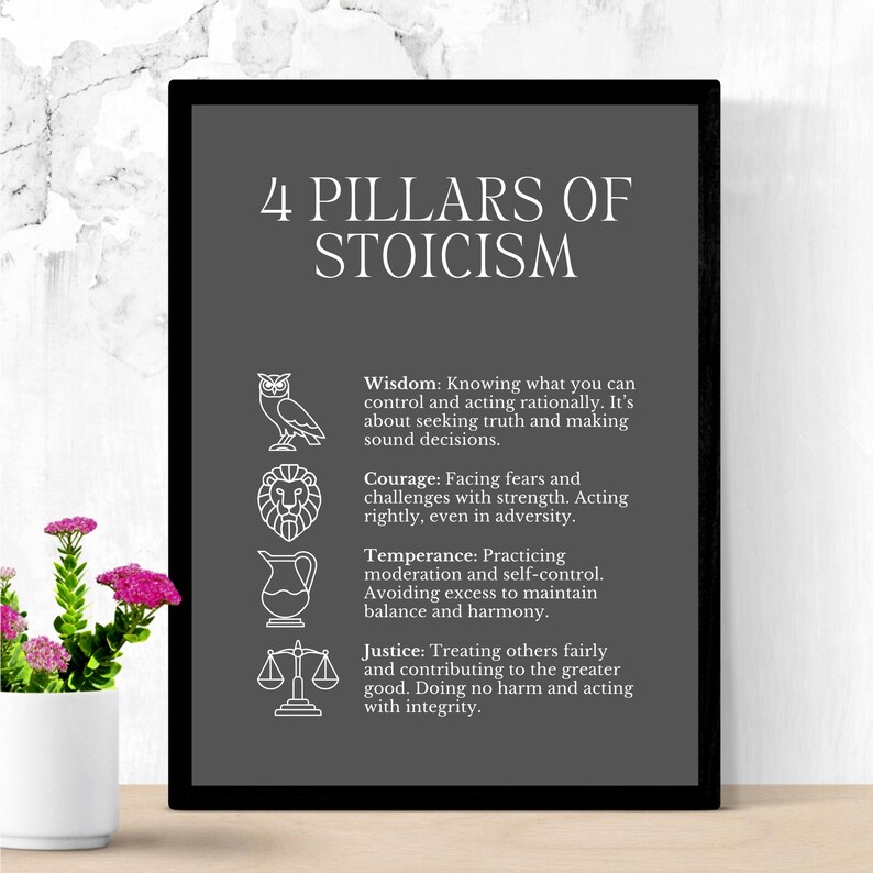 May include: A black and white printable poster with the text "4 Pillars of Stoicism" and illustrations of an owl, a lion, a pitcher, and a scale. The text below each illustration describes the four pillars of Stoicism: Wisdom, Courage, Temperance, and Justice.