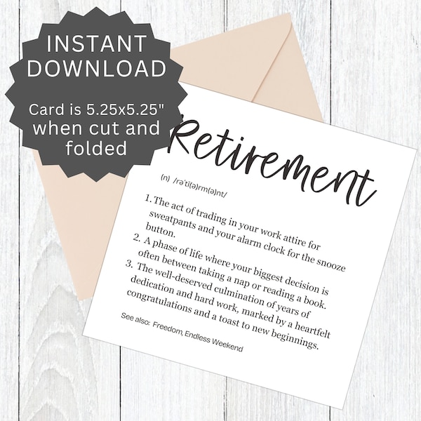 Funny Retirement Card Printable, Retirement Definition Card Downloadable, Coworker Leaving Card, Friend Retirement Gift, Hilarious Card.