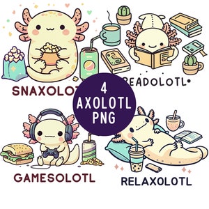 Lustiges Axolotl PNG - Niedliches Kawaii Axolotl Clipart - Axolotl Set: Relaxolotl, Gamesolotl, Snaxolotl, Liesolotl - Bezauberndes Axolotl PNG Bündel.