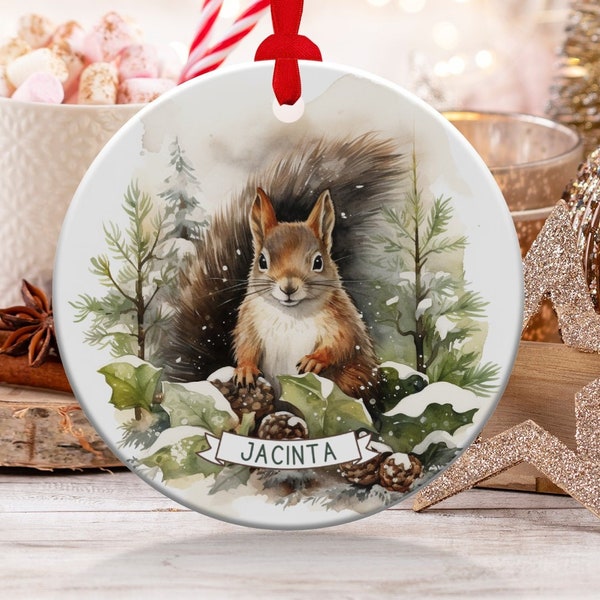 Watercolor Squirrel Ornament Christmas 2024 Decor Customized Gift, Christmas Tree Round Ceramic Decor Personalize Gift Keepsake Ornament