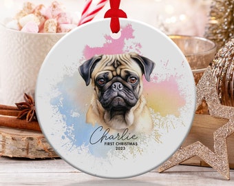 Custom Watercolor Pet Ornament Pug First christmas Dog Christmas 2024 Decor Customized Gift Round Ceramic Decor Personalize Gift Keepsake