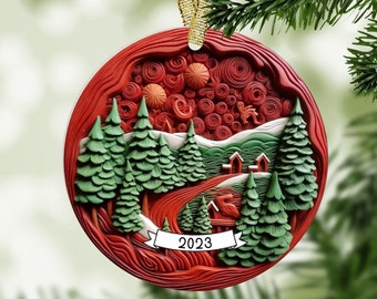 Red Scandinavian Christmas Ornament Norweigen Christmas 2024 Customized Gift, Christmas Tree Round Ceramic Decor Personalize Gift Keepsake