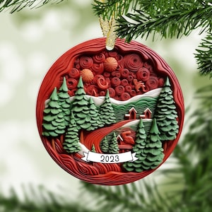 Red Scandinavian Christmas Ornament Norweigen Christmas 2024 Customized Gift, Christmas Tree Round Ceramic Decor Personalize Gift Keepsake