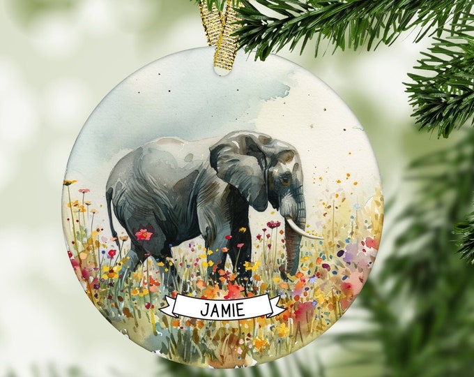 Personalized Watercolor Elephant Ornament Custom Name Decor Safari Wildlife Keepsake Unique Floral Design Christmas Tree Gift Round Ceramic