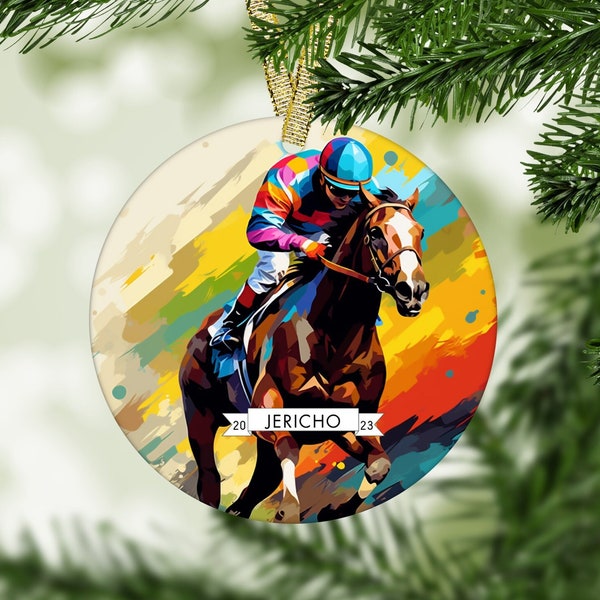 Jockey Ornament Christmas 2023 Equestrian Decor Customized Gift, Horse Christmas Tree Round Ceramic Decor Personalize Gift Keepsake Ornament