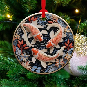 Koi Christmas Ornament Christmas 2023 Decor Customized Gift, Christmas Tree Round Ceramic Decor Personalize Gift Keepsake Ornament