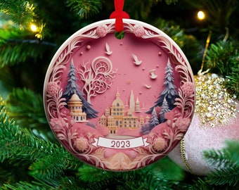 Pink Scandinavian Ornament Norweigen Christmas 2004  Customized Gift, Christmas Tree Round Ceramic Decor Personalize Gift Keepsake