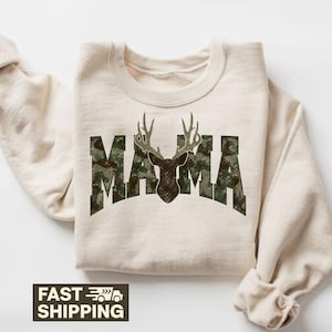 Camo Mama Deer T-Shirt, Sweatshirt, Hunting Season Apparel, Gift for Hunting Lover, Deer Antler Mama Shirt, Camouflage Shirt for Mom