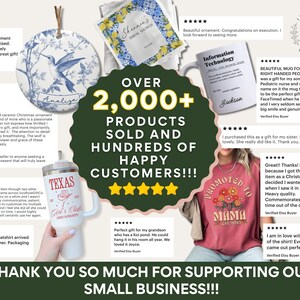 The image is a collage of various ornaments and a gift, including a hummingbird ornament, a wall ornament, and a gift from a sister. The text in the image highlights the success of the small business, with over 2,000+ products sold and hundreds of happy customers. The image also features a heartwarming message from a customer expressing gratitude for the gift and the business.