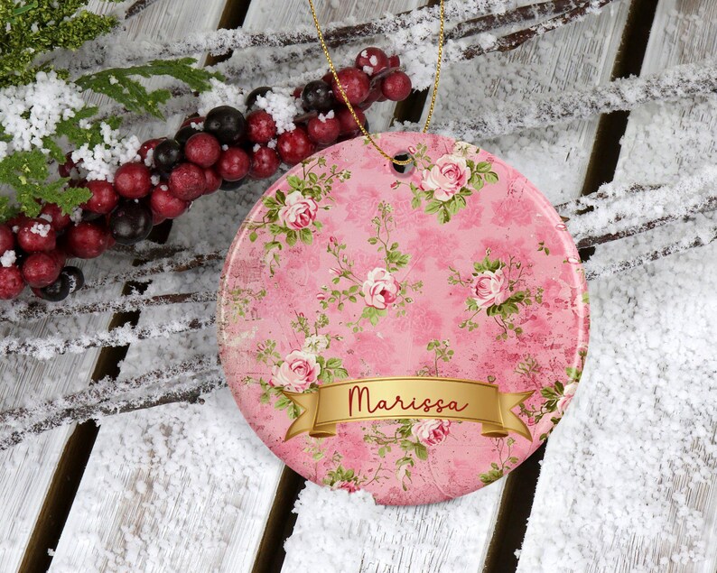 Vintage Coquette Floral Ornament, Shabby Chic Pink Floral Decor, Victorian Rose Christmas Ornament, Romantic Home Decor Girly Ornament image 9