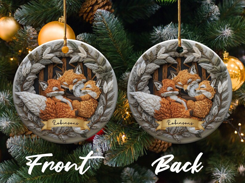 Fox Family Ornament Custom Woodland Fox Lover Gift Animal Boho Cozy Foxes Decor, Custom Fox Christmas Ornaments Forest Decor Nature Lovers image 3