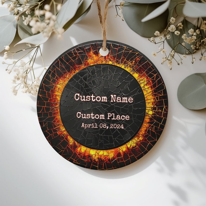 Personalized Solar Eclipse 2024 Ornament Custom Total Solar Eclipse Souvenir Gift Eclipse Keepsake, Eclipse Bauble Celestial Holiday Gift image 1
