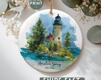 Custom Lighthouse Ornament, Mackinac Island Travel Souvenir, Xmas Michigan Ornament, Lake Ornament, Christmas Keepsake, Coastal Ornament