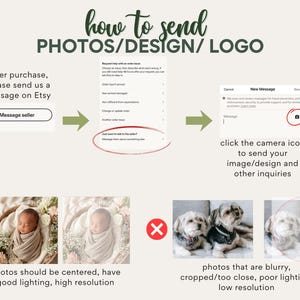 The image is a step-by-step guide on how to send photos/design/logo to someone, with a list of instructions and a button for sending a message.