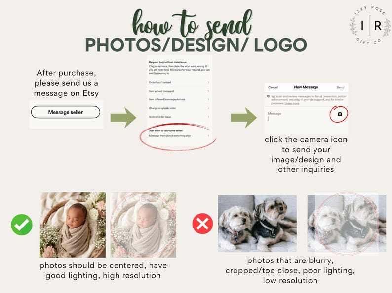 The image is a step-by-step guide on how to send photos/design/logo to someone, with a list of instructions and a button for sending a message.