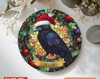 Festive Crow Ornament Christmas Tree Raven Ornament Santa Hat Holiday Decor, Unique Holiday Wreath Gift, Gothic Raven Christmas Tree Gift