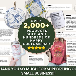The image is a collage of various ornaments and a gift, including a hummingbird ornament, a wall ornament, and a gift from a sister. The text in the image highlights the success of the small business, with over 2,000+ products sold and hundreds of happy customers. The image also features a heartwarming message from a customer expressing gratitude for the gift and the business.