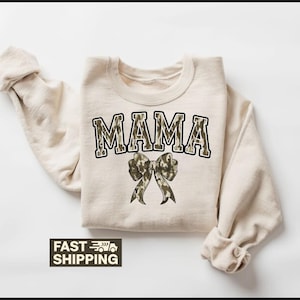 Camo Mama Bow T-Shirt,Sweatshirt, Cute Hunting Mom Gift, Hunting Season Apparel, Camouflage Shirt, Outdoorsy Mother Tee, Mom Gift Idea