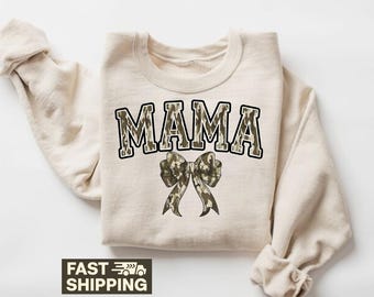 Camo Mama Bow T-Shirt,Sweatshirt, Cute Hunting Mom Gift, Hunting Season Apparel, Camouflage Shirt, Outdoorsy Mother Tee, Mom Gift Idea