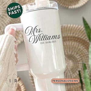Custom Mrs Tumbler With Handle 40oz Personalized Bride Cup For Wedding Tumbler, Bride Travel Cup, Engagement Gift Engaged Mrs Tumbler Cup
