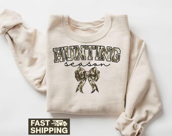 Hunting Season Camo Bow T-Shirt, Hunting Sweatshirt, Camouflage Hunter Gift, Hunting Lover, Funny Coquette Hunting Trendy Apparel