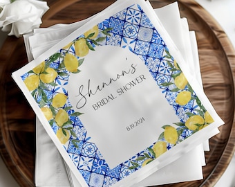 Italy Mediterranean Napkin Personalized Wedding Cocktail Napkin, Custom Birthday European Napkin, Blue Italian Tile Bridal Shower Decor