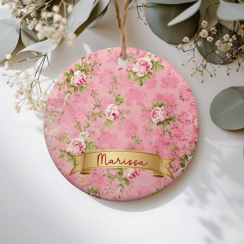 Vintage Coquette Floral Ornament, Shabby Chic Pink Floral Decor, Victorian Rose Christmas Ornament, Romantic Home Decor Girly Ornament image 1